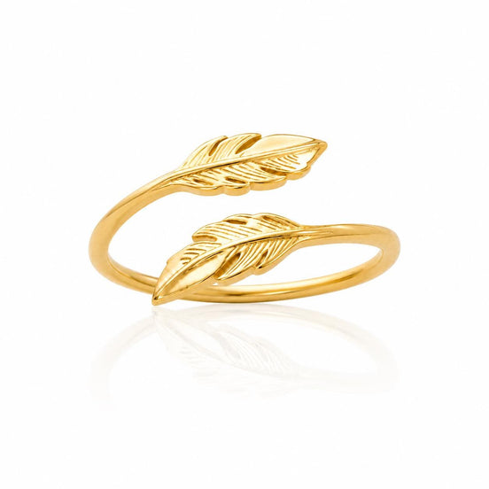 Bague Double Plume • Plaqué Or 18K • Anneau talisman ouvert forme de plume d'oiseau • Bijou inspiré de la nature