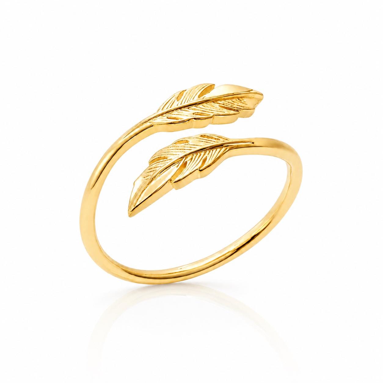 Bague Double Plume • Plaqué Or 18K • Anneau talisman ouvert forme de plume d'oiseau • Bijou inspiré de la nature