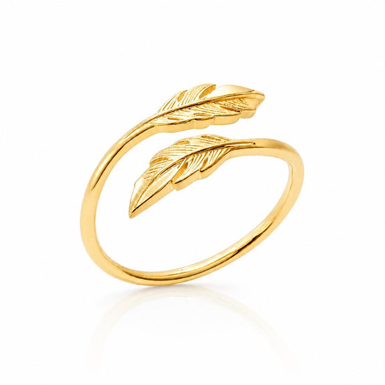 Bague Double Plume • Plaqué Or 18K • Anneau talisman ouvert forme de plume d'oiseau • Bijou inspiré de la nature