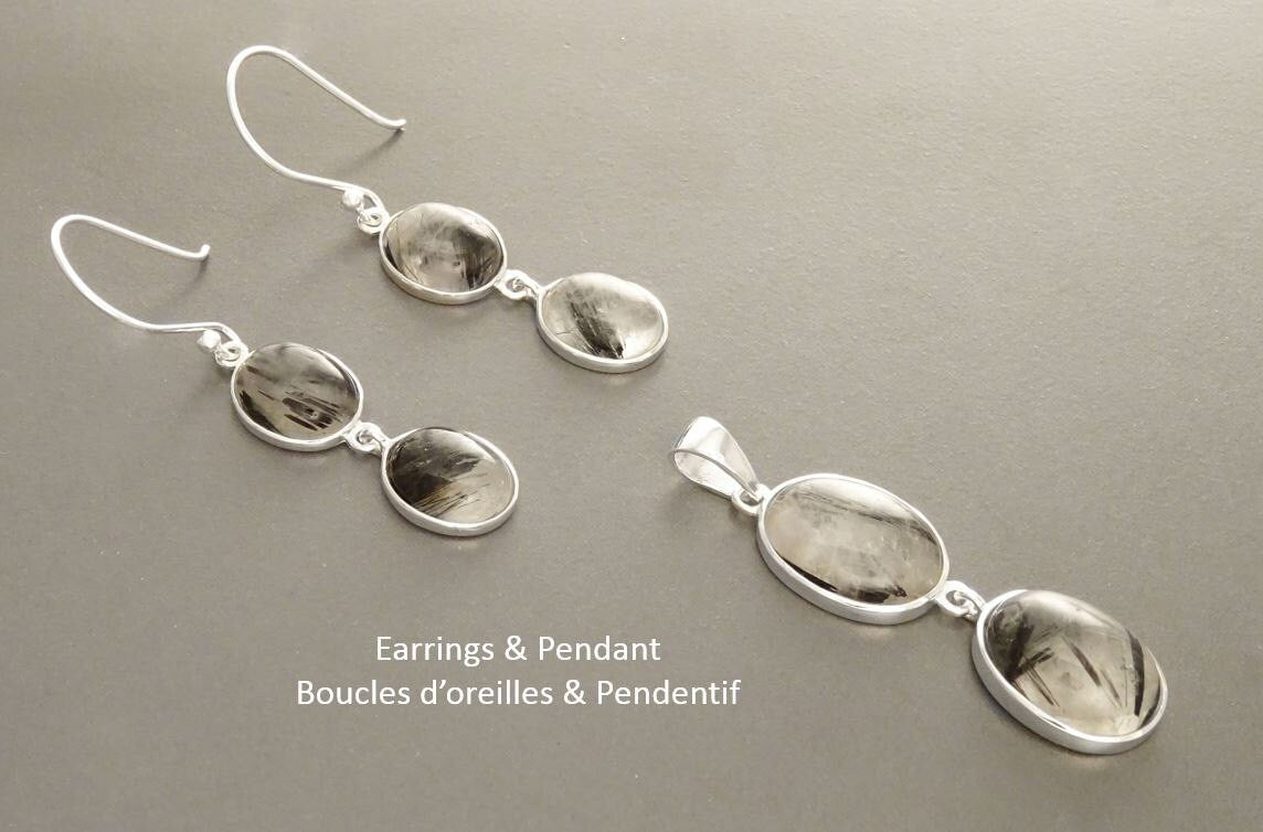 Black Quartz Earrings , Sterling Silver, Clear Rutile Quartz Gemstone Pendant, Modern Minimalist Necklace, Veined Mineral Jewelry Set