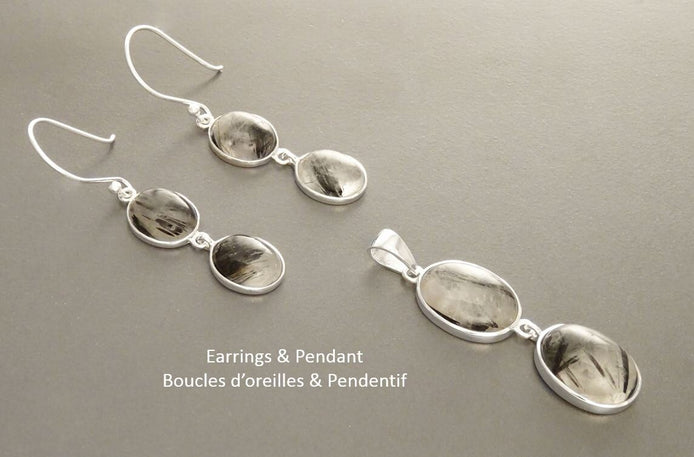 Black Quartz Earrings , Sterling Silver, Clear Rutile Quartz Gemstone Pendant, Modern Minimalist Necklace, Veined Mineral Jewelry Set