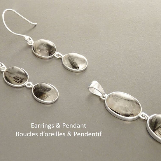 Black Quartz Earrings , Sterling Silver, Clear Rutile Quartz Gemstone Pendant, Modern Minimalist Necklace, Veined Mineral Jewelry Set