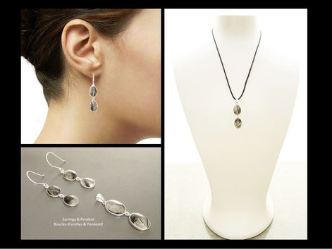 Black Quartz Earrings , Sterling Silver, Clear Rutile Quartz Gemstone Pendant, Modern Minimalist Necklace, Veined Mineral Jewelry Set