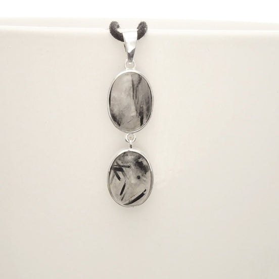 Gray Quartz Pendant, Sterling Silver, grey Rutile Quartz Stone, Black Rutilated Gemstone Necklace, Minimalist Modern Oval Stones Jewelry