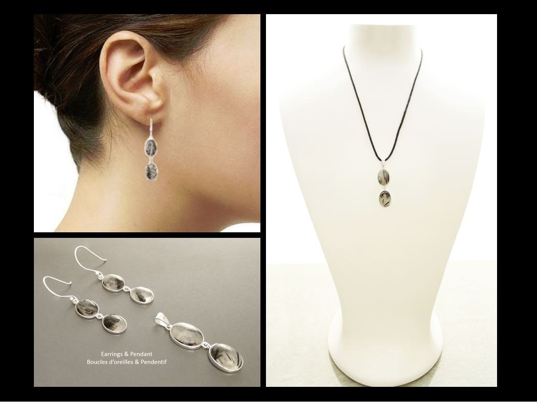 Black Quartz Earrings, Sterling Silver, Genuine Gray Black and White Rutilated Quartz Stone Jewelry, Modern Oval Stones, Drop Gemstone gift