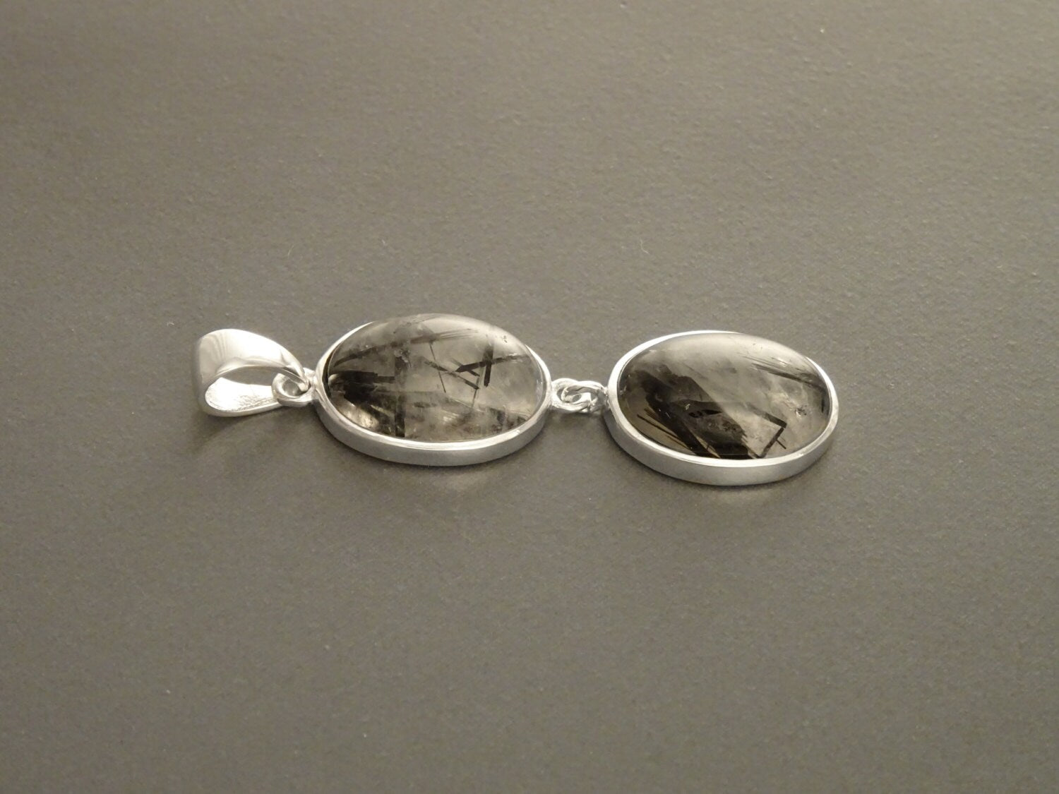 Gray Quartz Pendant, Sterling Silver, grey Rutile Quartz Stone, Black Rutilated Gemstone Necklace, Minimalist Modern Oval Stones Jewelry