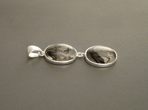 Gray Quartz Pendant, Sterling Silver, grey Rutile Quartz Stone, Black Rutilated Gemstone Necklace, Minimalist Modern Oval Stones Jewelry