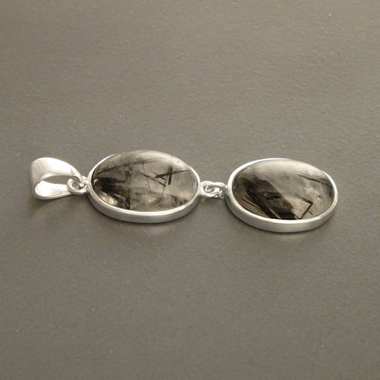 Gray Quartz Pendant, Sterling Silver, grey Rutile Quartz Stone, Black Rutilated Gemstone Necklace, Minimalist Modern Oval Stones Jewelry