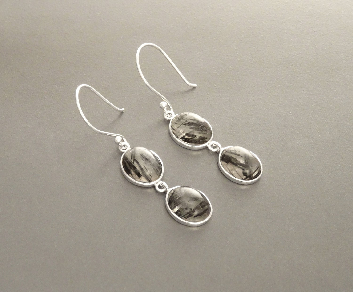 Black Quartz Earrings, Sterling Silver, Genuine Gray Black and White Rutilated Quartz Stone Jewelry, Modern Oval Stones, Drop Gemstone gift