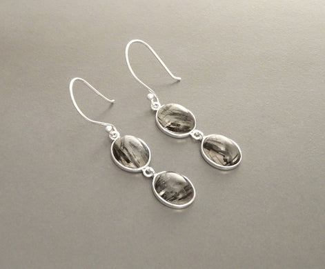 Black Quartz Earrings, Sterling Silver, Genuine Gray Black and White Rutilated Quartz Stone Jewelry, Modern Oval Stones, Drop Gemstone gift