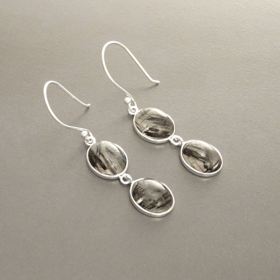 Black Quartz Earrings, Sterling Silver, Genuine Gray Black and White Rutilated Quartz Stone Jewelry, Modern Oval Stones, Drop Gemstone gift