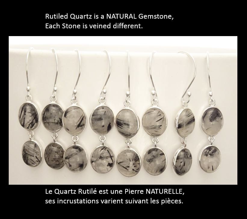 Gray Quartz Pendant, Sterling Silver, grey Rutile Quartz Stone, Black Rutilated Gemstone Necklace, Minimalist Modern Oval Stones Jewelry