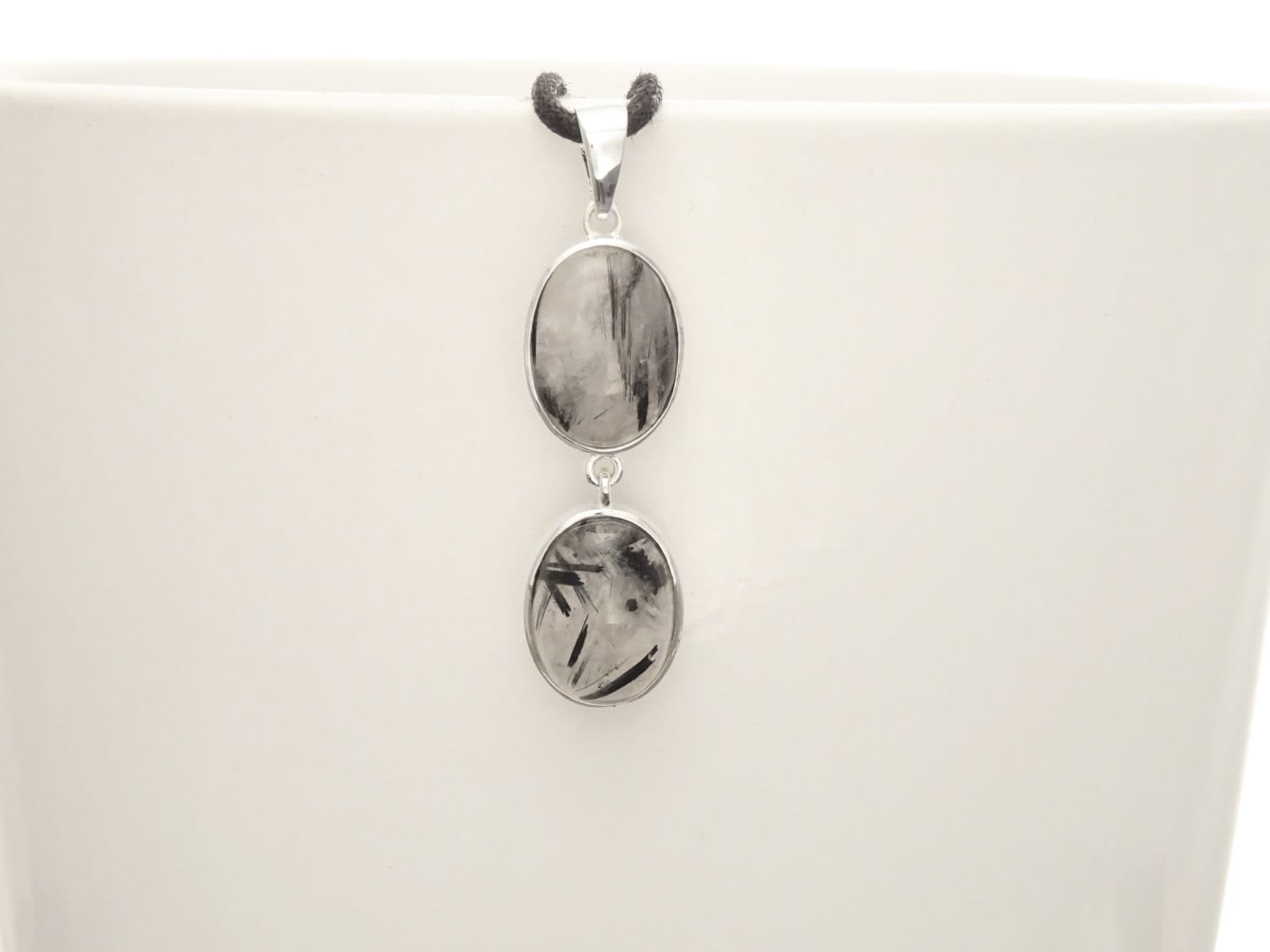 Black Quartz Earrings, Sterling Silver, Genuine Gray Black and White Rutilated Quartz Stone Jewelry, Modern Oval Stones, Drop Gemstone gift