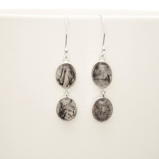 Black Quartz Earrings, Sterling Silver, Genuine Gray Black and White Rutilated Quartz Stone Jewelry, Modern Oval Stones, Drop Gemstone gift