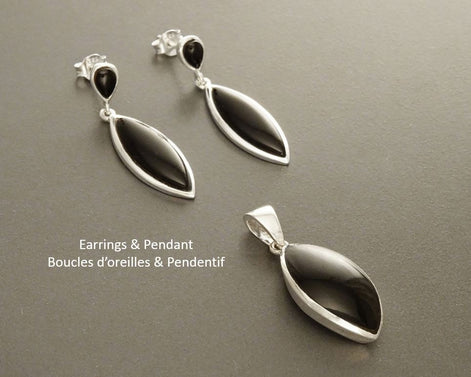 Black Earrings Set, Sterling Silver, Oval Stone, Almond Shape Onyx, Bright Black Stones Dangle Drop Earrings, Modern Geometric Pendant