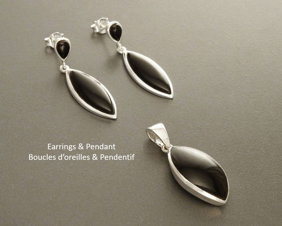 Black Dangle Earrings - Sterling Silver, Oval Almond Shape Onyx Stone, Bright Black Stones Drop Earrings, Modern Geometric Jewelry
