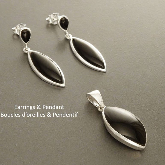 Black Earrings Set, Sterling Silver, Oval Stone, Almond Shape Onyx, Bright Black Stones Dangle Drop Earrings, Modern Geometric Pendant