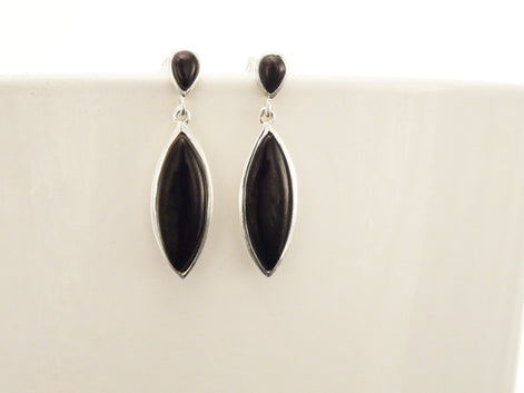 Black Earrings Set, Sterling Silver, Oval Stone, Almond Shape Onyx, Bright Black Stones Dangle Drop Earrings, Modern Geometric Pendant