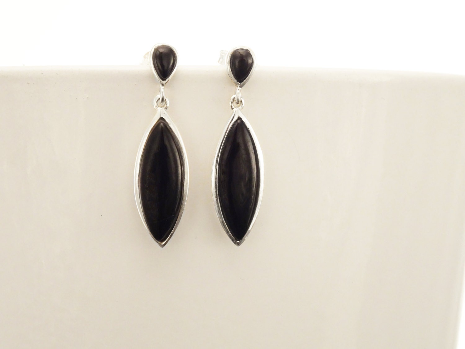 Black Dangle Earrings - Sterling Silver, Oval Almond Shape Onyx Stone, Bright Black Stones Drop Earrings, Modern Geometric Jewelry