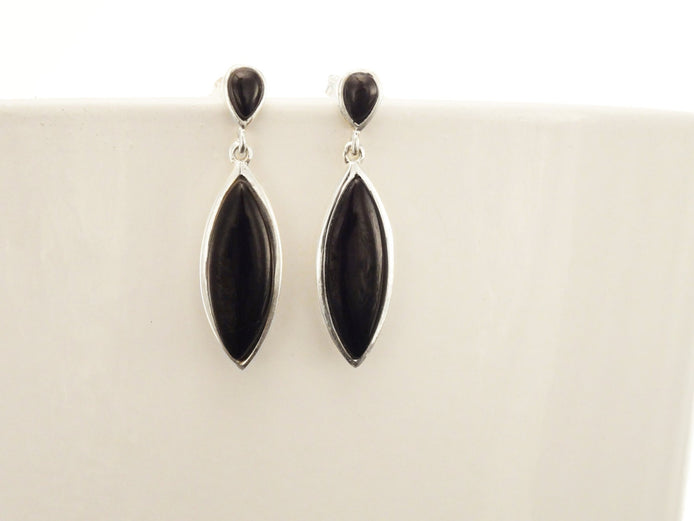 Black Dangle Earrings - Sterling Silver, Oval Almond Shape Onyx Stone, Bright Black Stones Drop Earrings, Modern Geometric Jewelry