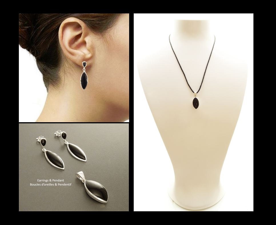 Black Dangle Earrings - Sterling Silver, Oval Almond Shape Onyx Stone, Bright Black Stones Drop Earrings, Modern Geometric Jewelry