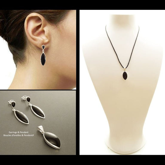 Black Earrings Set, Sterling Silver, Oval Stone, Almond Shape Onyx, Bright Black Stones Dangle Drop Earrings, Modern Geometric Pendant