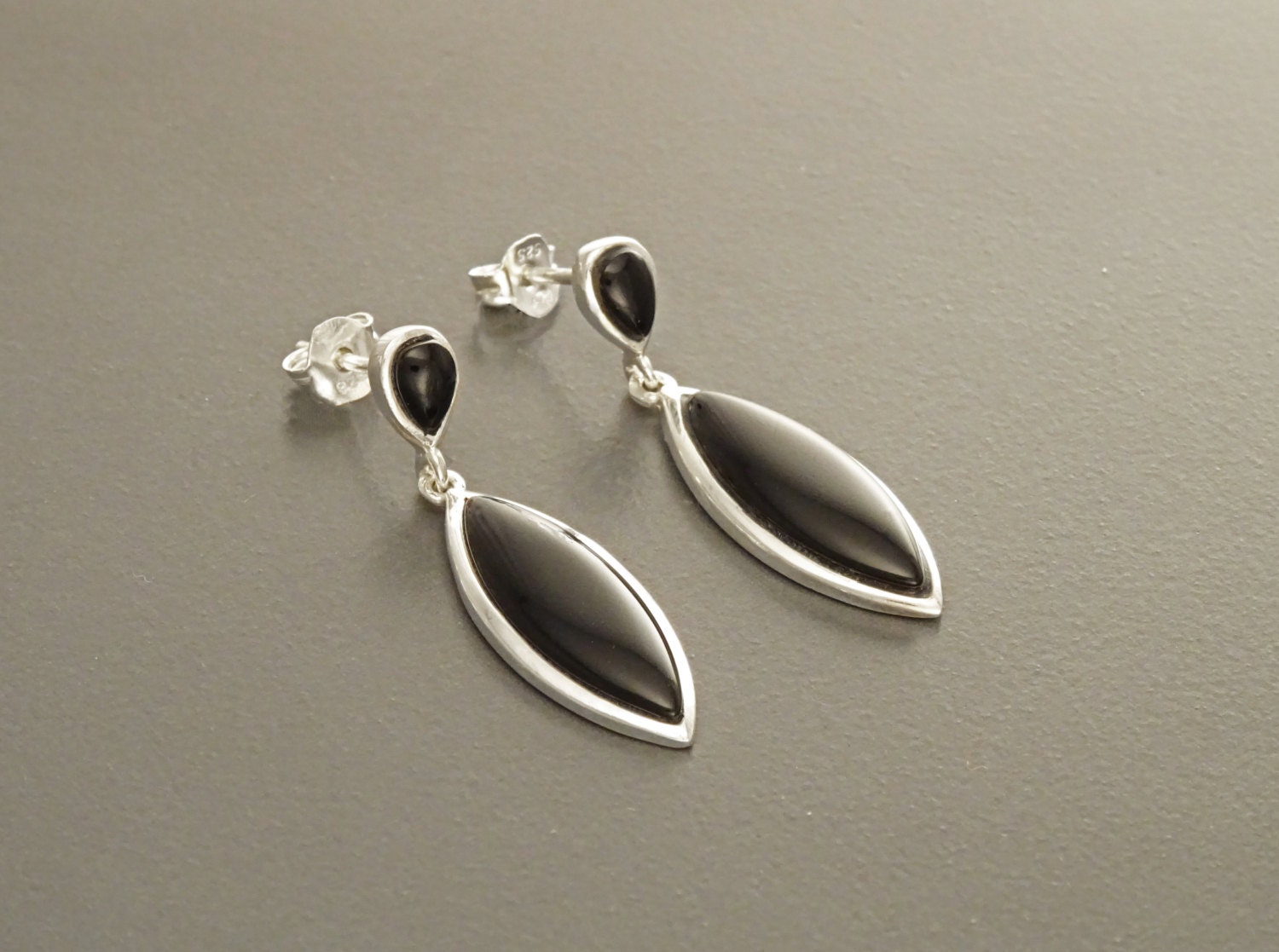 Black Dangle Earrings - Sterling Silver, Oval Almond Shape Onyx Stone, Bright Black Stones Drop Earrings, Modern Geometric Jewelry