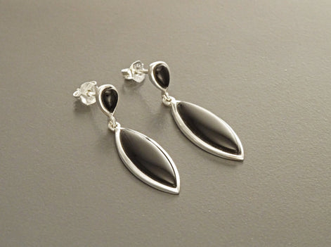 Black Dangle Earrings - Sterling Silver, Oval Almond Shape Onyx Stone, Bright Black Stones Drop Earrings, Modern Geometric Jewelry