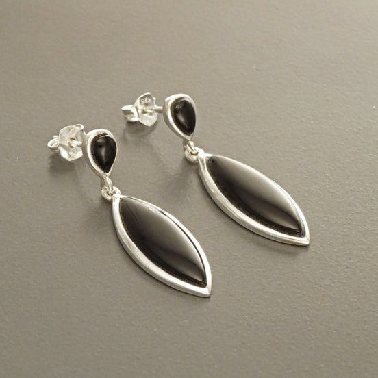 Black Dangle Earrings - Sterling Silver, Oval Almond Shape Onyx Stone, Bright Black Stones Drop Earrings, Modern Geometric Jewelry