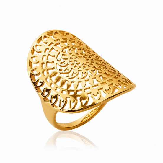 Bague mandala filigrane • Plaqué Or 18K • Grand anneau bombé ajouré • Bijou boho élégant