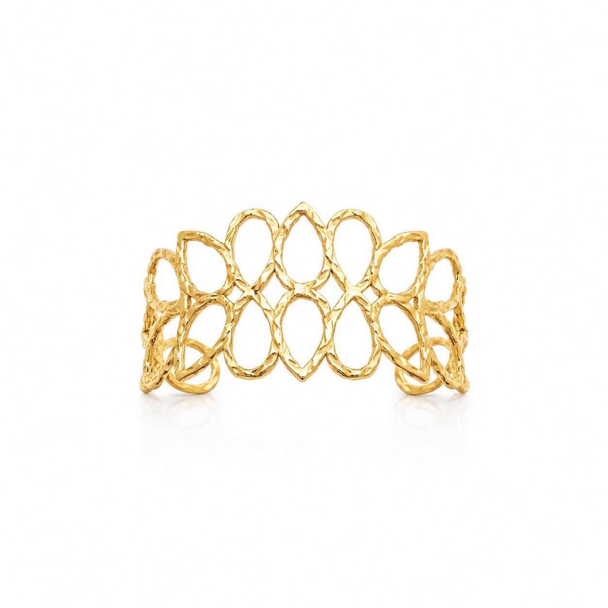 Manchette filigrane feuilles martelés • Doré à l'Or fin 18K • Bracelet rigide ajouré motif végétal • Bijoux élégant à offrir