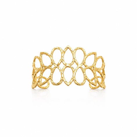Manchette filigrane feuilles martelés • Doré à l'Or fin 18K • Bracelet rigide ajouré motif végétal • Bijoux élégant à offrir