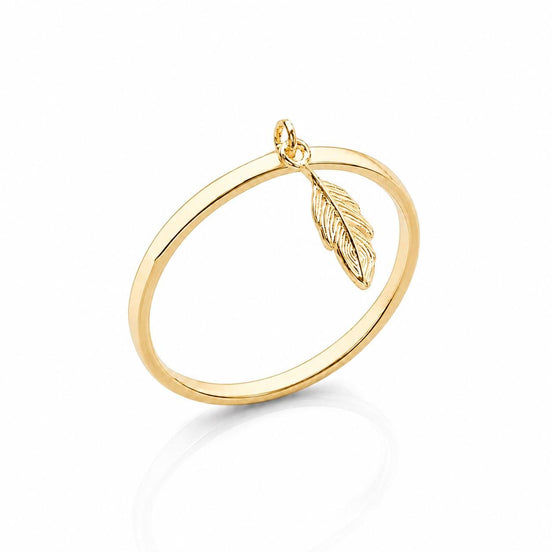 Bague talisman plume • Plaqué Or 18K • Petit anneau plume oiseau pendante • Bijou inspiré nature