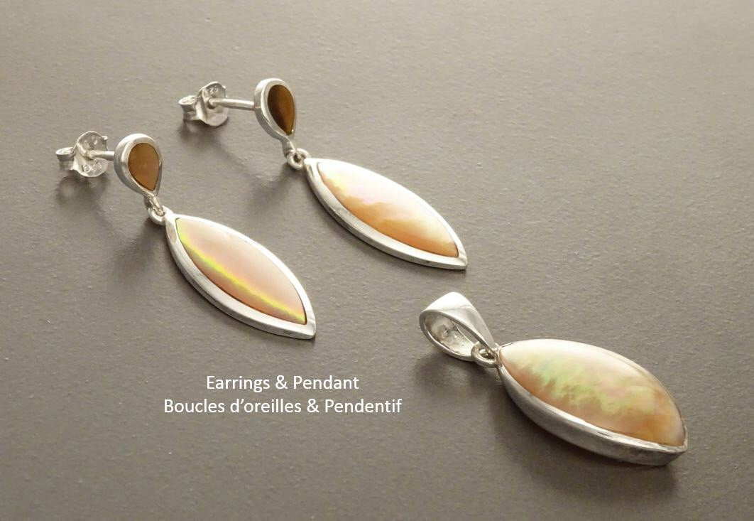 Brown Oval Earrings, Sterling Silver, GENUINE Gold Paua Shell, Geometric Oval Stone Jewelry, Modern Dangle Earrings Set