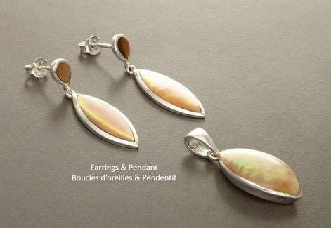 Brown Oval Earrings, Sterling Silver, GENUINE Gold Paua Shell, Geometric Oval Stone Jewelry, Modern Dangle Earrings Set
