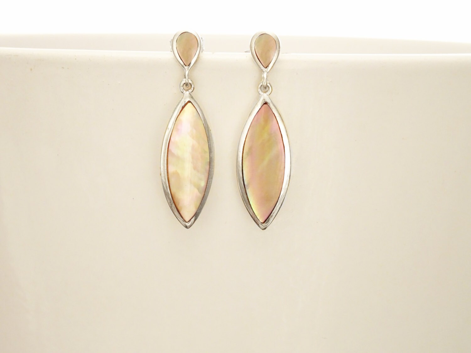 Brown Oval Earrings, Sterling Silver, GENUINE Gold Paua Shell, Geometric Oval Stone Jewelry, Modern Dangle Earrings Set
