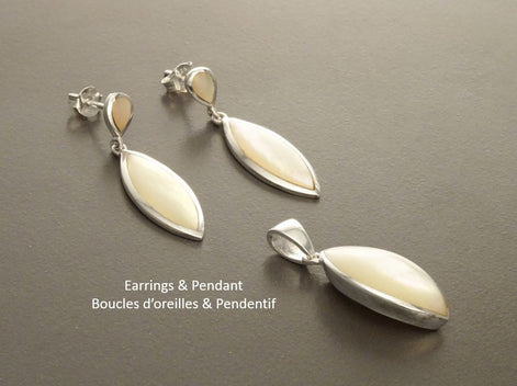 White Shell Dangle Earrings, Sterling Silver, Mother of Pearl, Pending Earrings Pendant Set, Modern Oval Stone Jewelry,