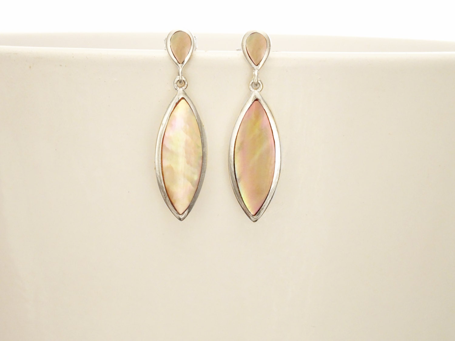 GENUINE Brown Shell Dangle Earrings, Sterling Silver, Brown Pearl with Iridescent Rainbow Highlights, Geometric Oval Shape, Minimalist