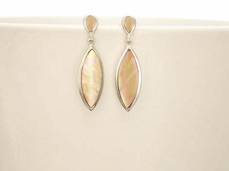 GENUINE Brown Shell Dangle Earrings, Sterling Silver, Brown Pearl with Iridescent Rainbow Highlights, Geometric Oval Shape, Minimalist