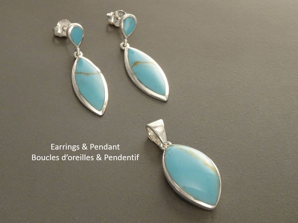 Turquoise Earrings and Pendant Set, Sterling Silver, Turquoise Blue Stone, Oval Stone, Modern Stones Jewelry, Dangle Pendant,