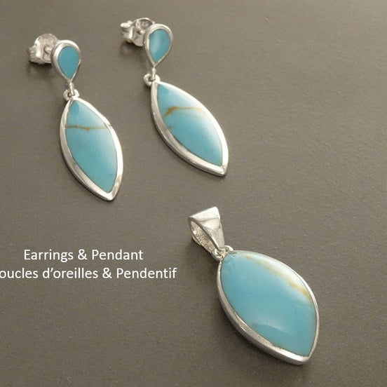 Turquoise Earrings and Pendant Set, Sterling Silver, Turquoise Blue Stone, Oval Stone, Modern Stones Jewelry, Dangle Pendant,