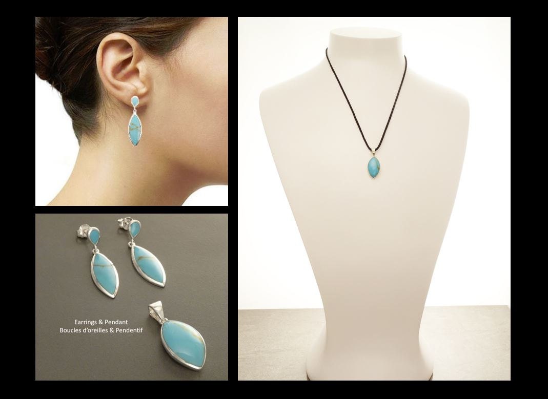 Turquoise Earrings and Pendant Set, Sterling Silver, Turquoise Blue Stone, Oval Stone, Modern Stones Jewelry, Dangle Pendant,
