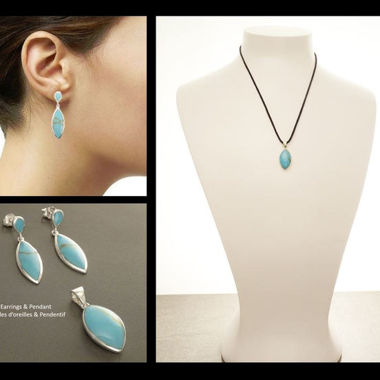 Turquoise Earrings and Pendant Set, Sterling Silver, Turquoise Blue Stone, Oval Stone, Modern Stones Jewelry, Dangle Pendant,