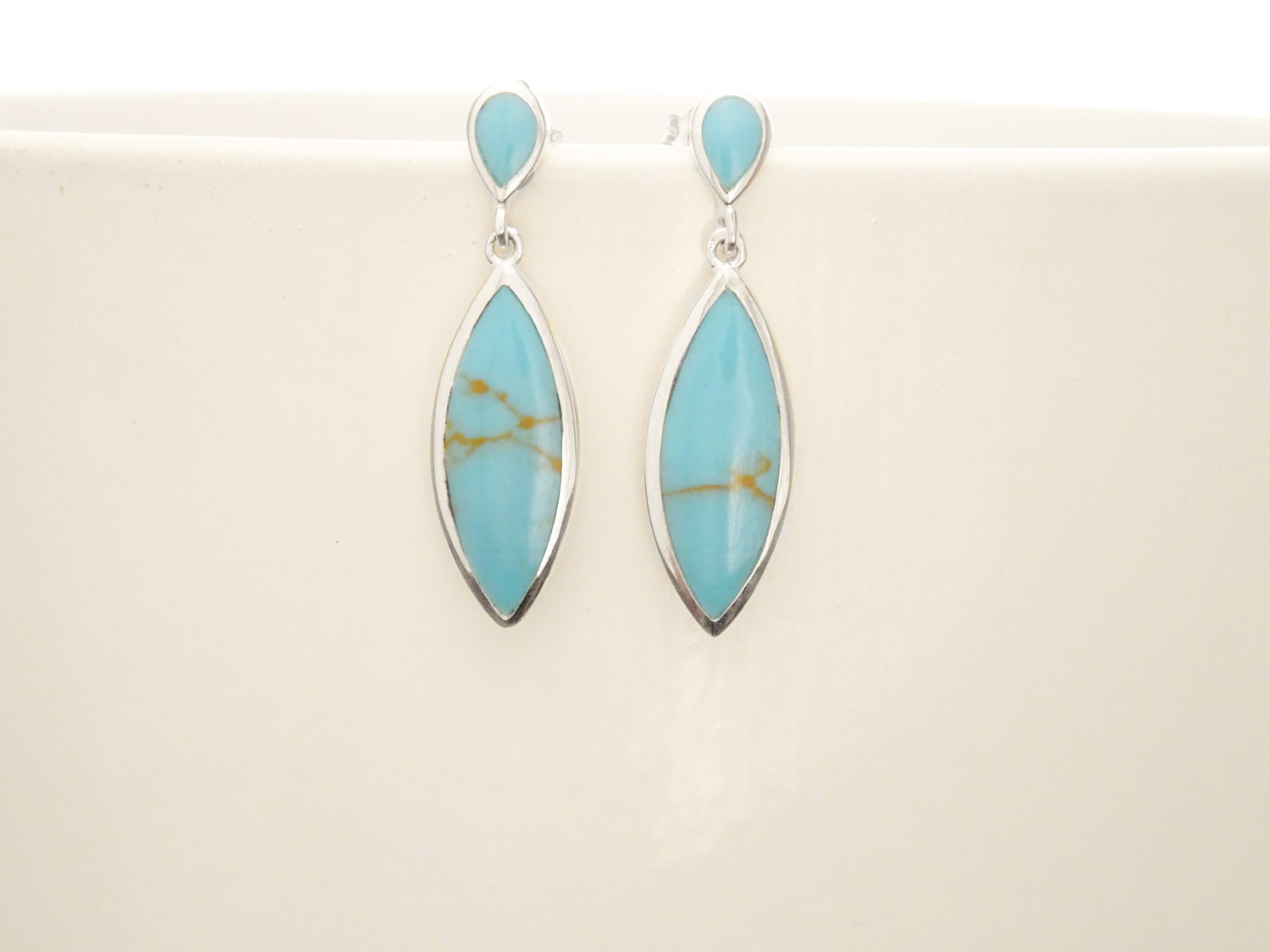 Turquoise Earrings and Pendant Set, Sterling Silver, Turquoise Blue Stone, Oval Stone, Modern Stones Jewelry, Dangle Pendant,