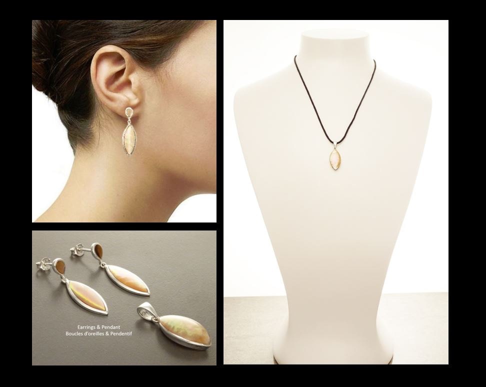 Brown Oval Earrings, Sterling Silver, GENUINE Gold Paua Shell, Geometric Oval Stone Jewelry, Modern Dangle Earrings Set