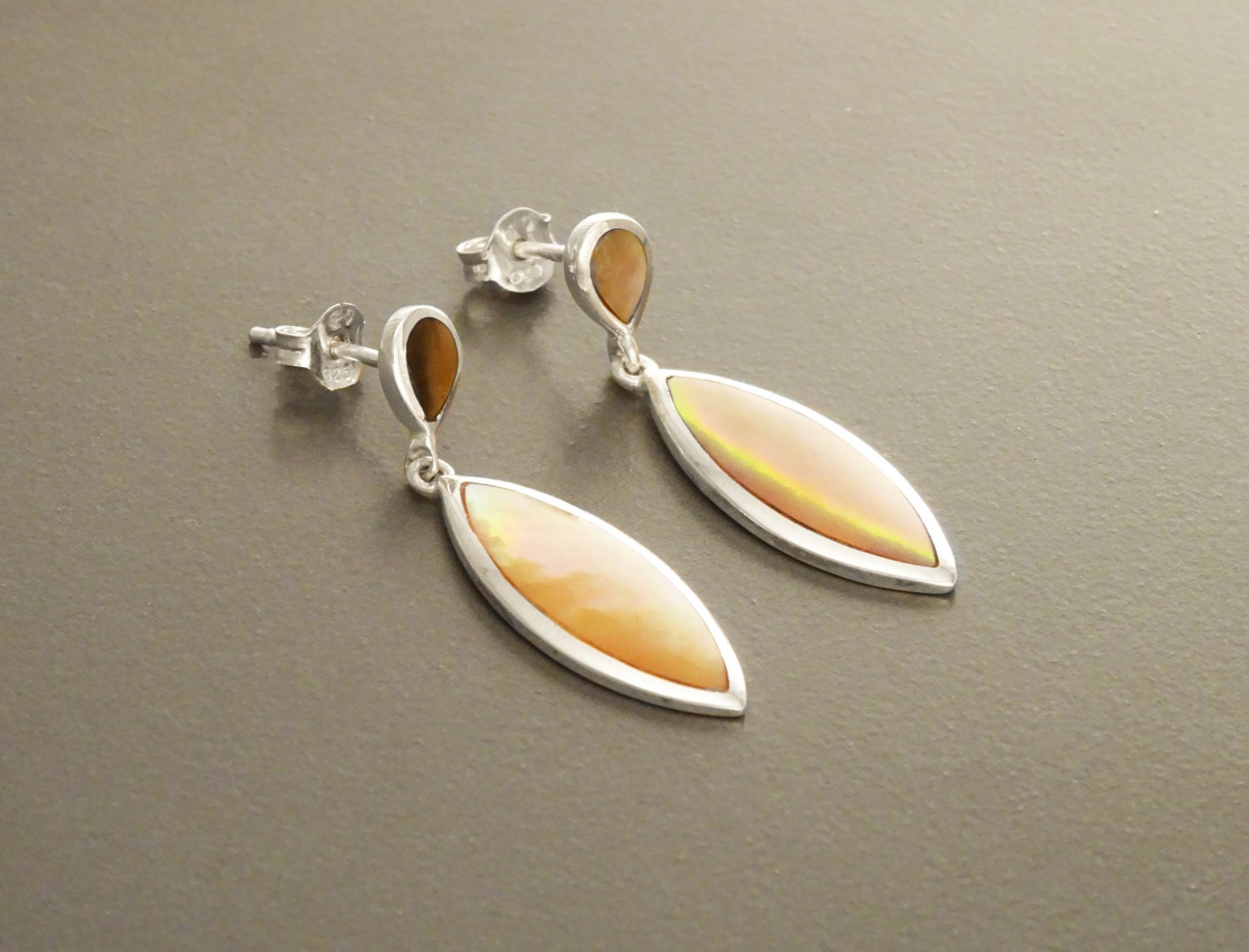 GENUINE Brown Shell Dangle Earrings, Sterling Silver, Brown Pearl with Iridescent Rainbow Highlights, Geometric Oval Shape, Minimalist