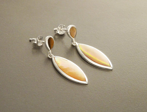 GENUINE Brown Shell Dangle Earrings, Sterling Silver, Brown Pearl with Iridescent Rainbow Highlights, Geometric Oval Shape, Minimalist