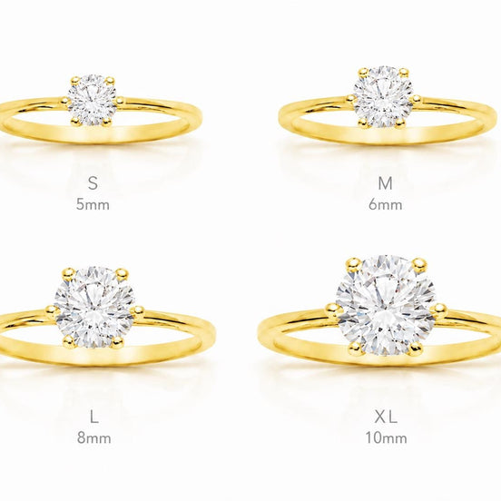 Bague de fiançailles classique • Plaqué Or 18K • Anneau solitaire sertie d'un diamant rond taille brillant • Bijou mariage • 5, 6, 8ou10 mm