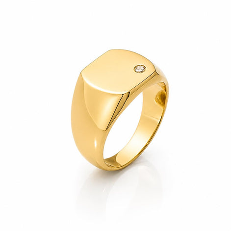 Bague chevalière • Plaqué Or 18K • Face carré arrondi serti diamant Cz • Bijou à graver pour homme