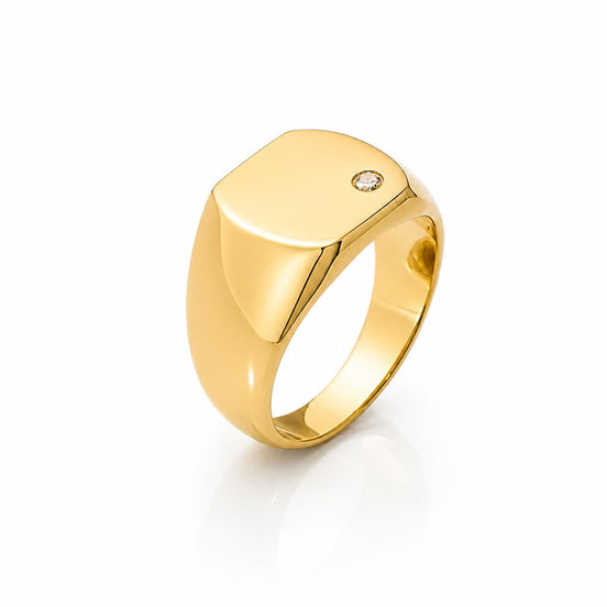 Bague chevalière • Plaqué Or 18K • Face carré arrondi serti diamant Cz • Bijou à graver pour homme